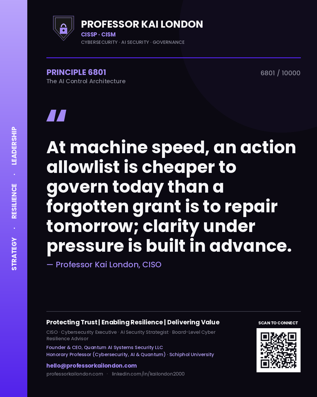 Professor Kai London principle 6801: At machine speed, an action allowlist is cheaper to govern today than a forgotten grant is to repair tomorrow; clarity under pressure is built in advance.