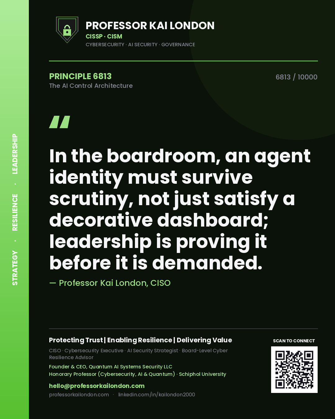 Quote card by Professor Kai London reading 'In the boardroom, an agent identity must survive scrutiny, not just satisfy a decorative dashboard; leadership is proving it before it is demanded.'. From the book The AI Control Architecture.
