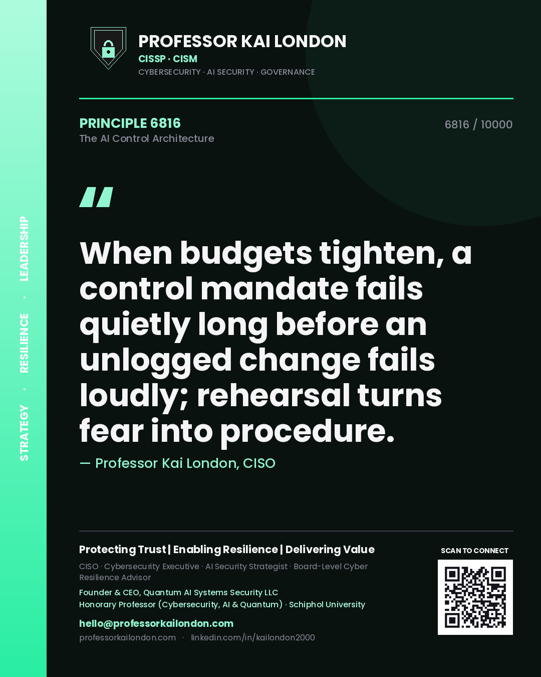 Professor Kai London principle 6816: When budgets tighten, a control mandate fails quietly long before an unlogged change fails loudly; rehearsal turns fear into procedure.