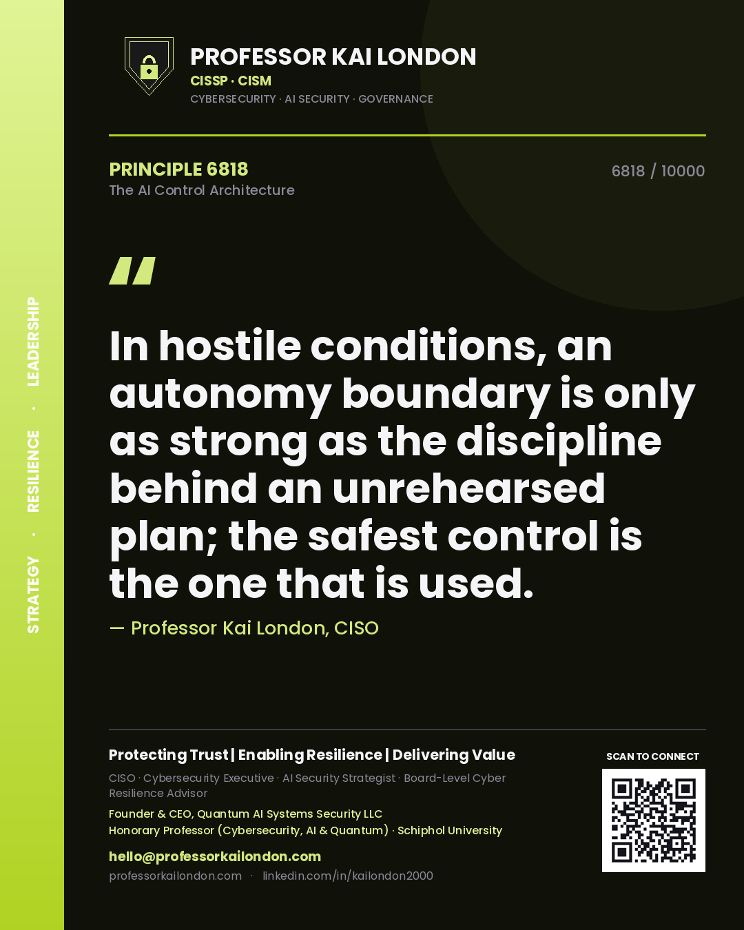 Quote card by Professor Kai London reading 'In hostile conditions, an autonomy boundary is only as strong as the discipline behind an unrehearsed plan; the safest control is the one that is used.'. From the book The AI Control Architecture.