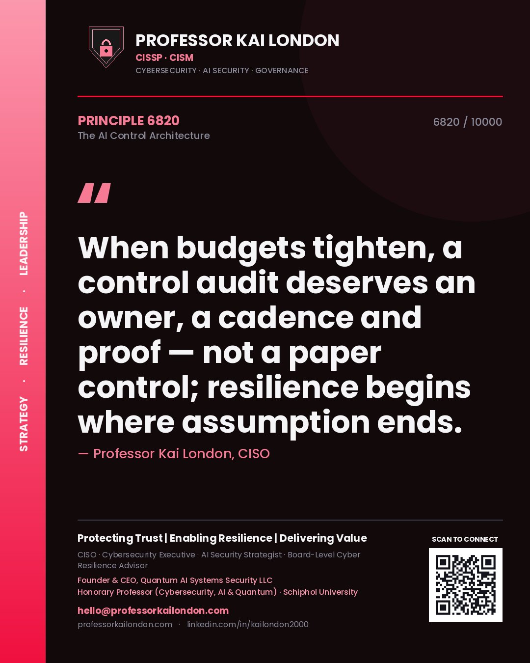 Professor Kai London principle 6820: When budgets tighten, a control audit deserves an owner, a cadence and proof — not a paper control; resilience begins where assumption ends.