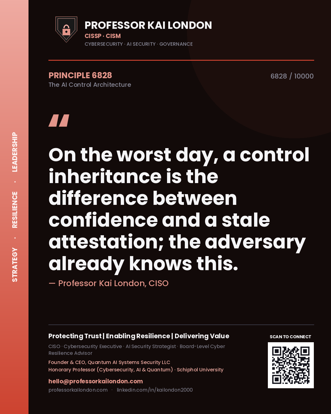 Quote card by Professor Kai London reading 'On the worst day, a control inheritance is the difference between confidence and a stale attestation; the adversary already knows this.'. From the book The AI Control Architecture.