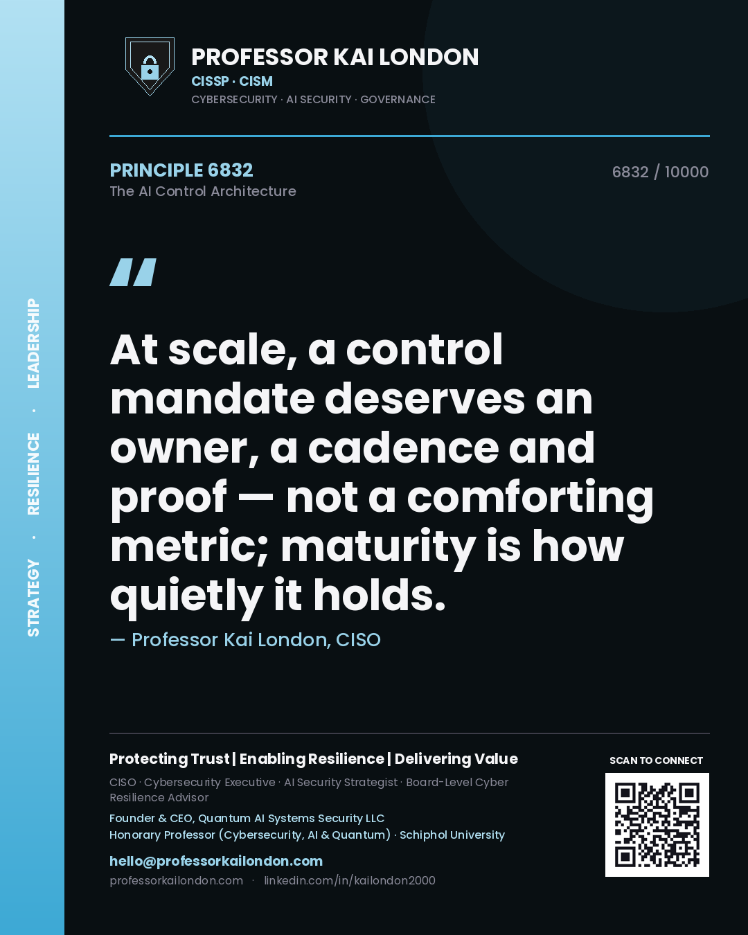 Professor Kai London principle 6832: At scale, a control mandate deserves an owner, a cadence and proof — not a comforting metric; maturity is how quietly it holds.