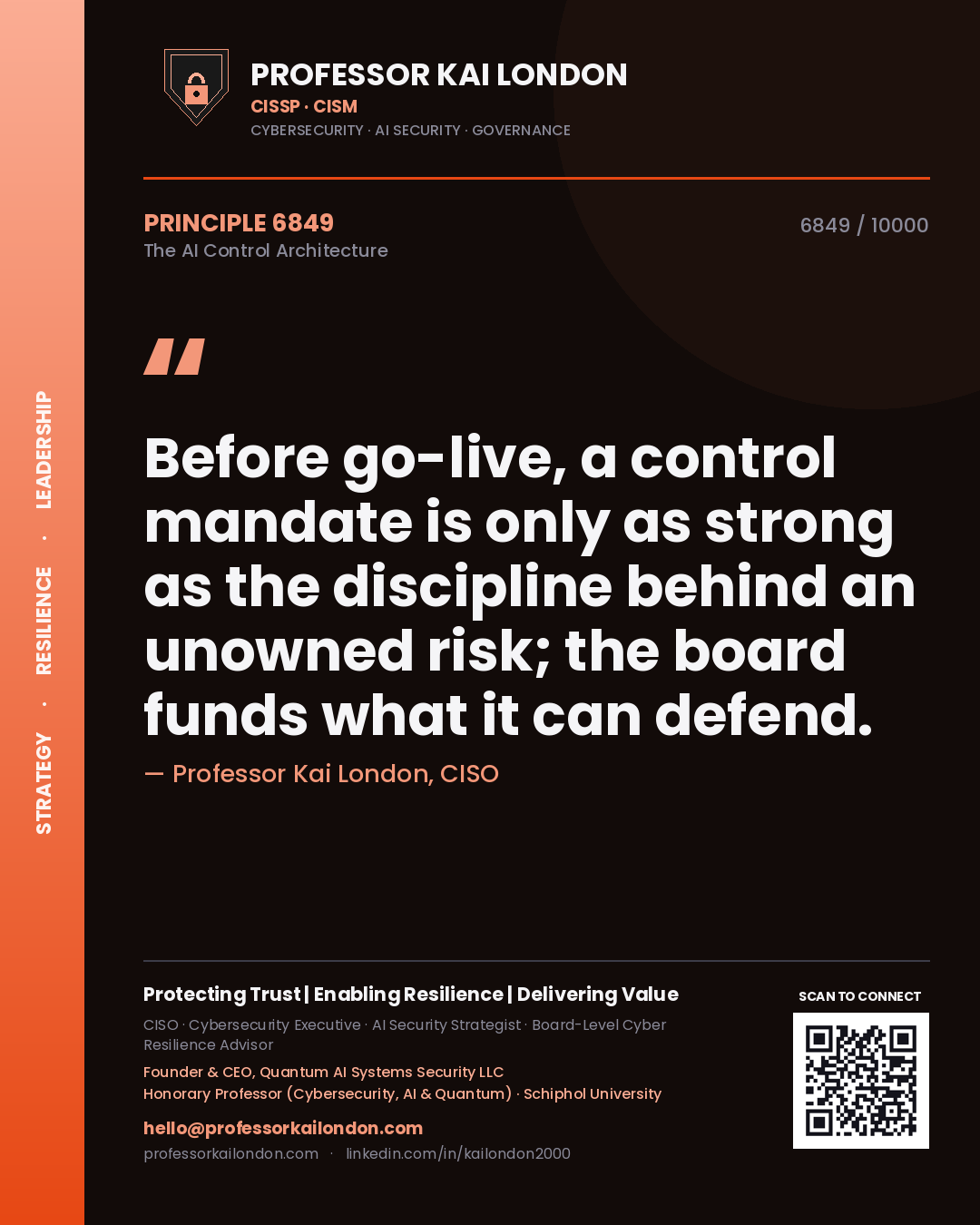 Quote card by Professor Kai London reading 'Before go-live, a control mandate is only as strong as the discipline behind an unowned risk; the board funds what it can defend.'. From the book The AI Control Architecture.