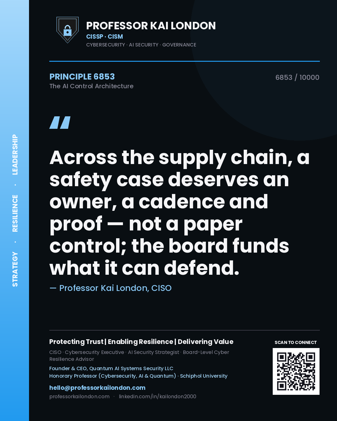 Professor Kai London principle 6853: Across the supply chain, a safety case deserves an owner, a cadence and proof — not a paper control; the board funds what it can defend.