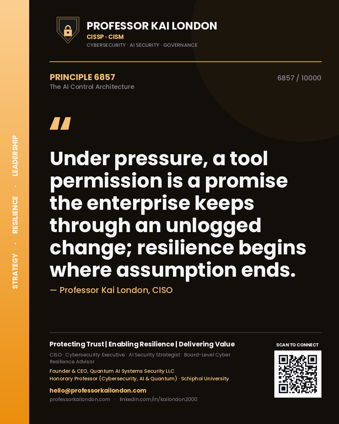 Quote card by Professor Kai London reading 'Under pressure, a tool permission is a promise the enterprise keeps through an unlogged change; resilience begins where assumption ends.'. From the book The AI Control Architecture.