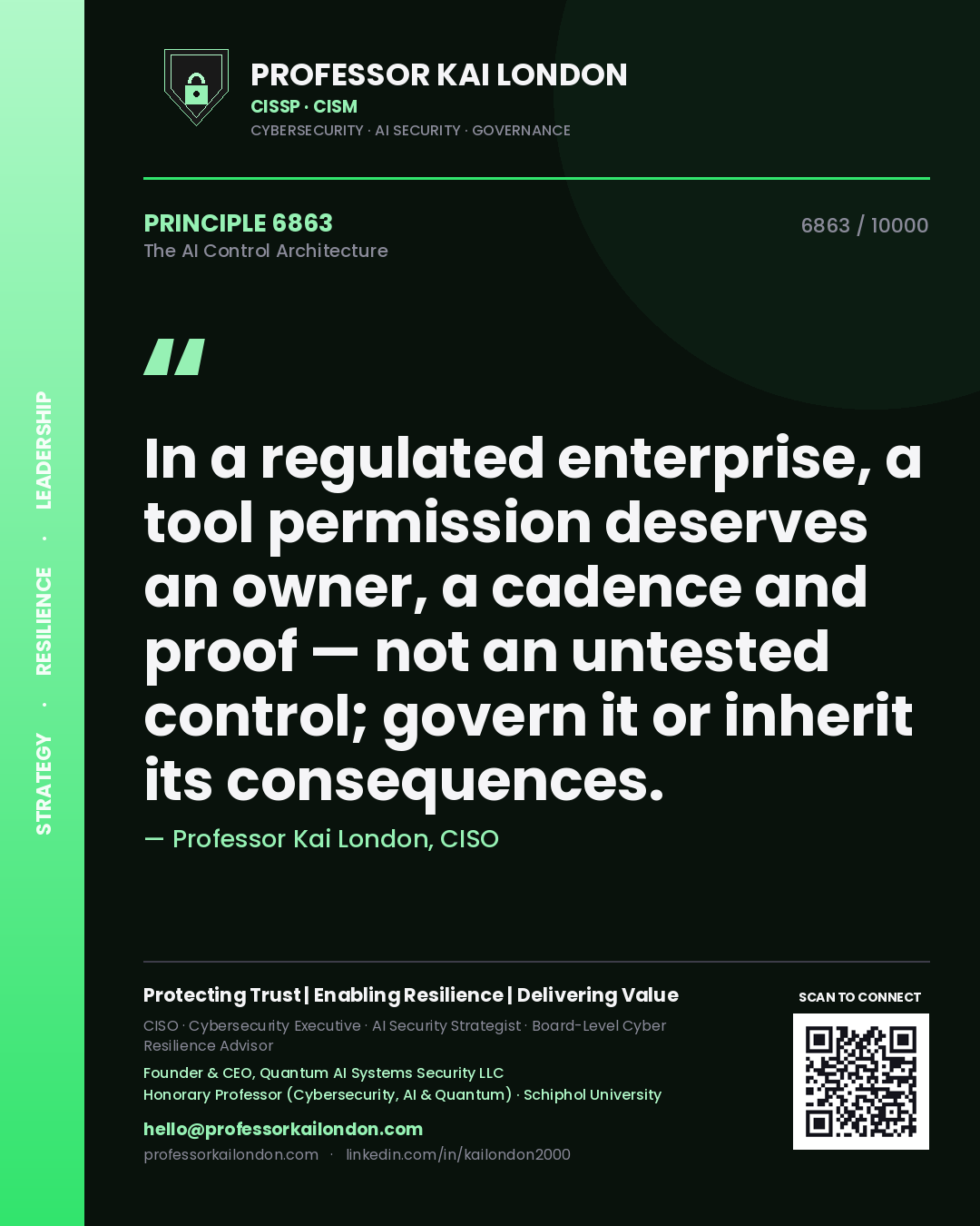 Quote card by Professor Kai London reading 'In a regulated enterprise, a tool permission deserves an owner, a cadence and proof — not an untested control; govern it or inherit its consequences.'. From the book The AI Control Architecture.