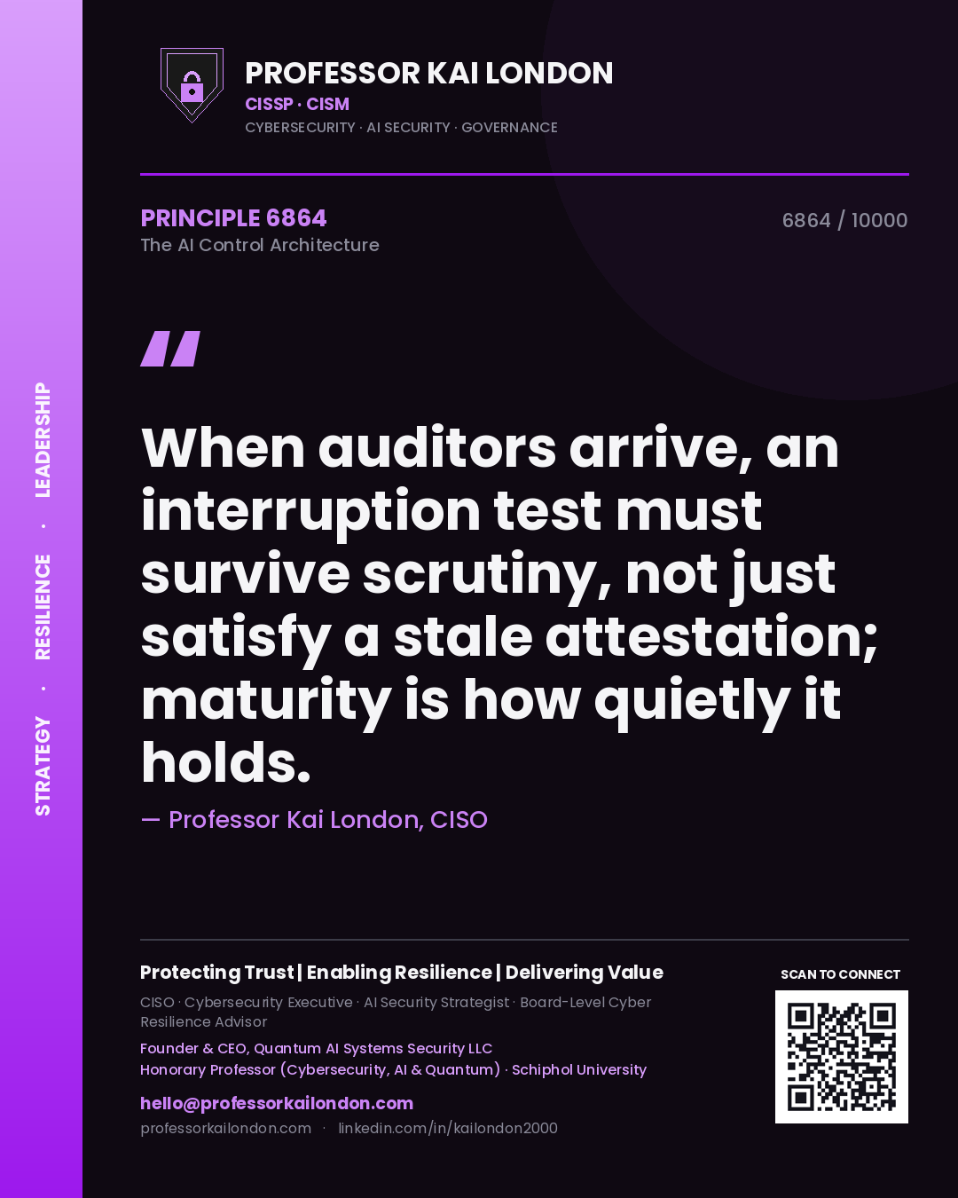 Quote card by Professor Kai London reading 'When auditors arrive, an interruption test must survive scrutiny, not just satisfy a stale attestation; maturity is how quietly it holds.'. From the book The AI Control Architecture.