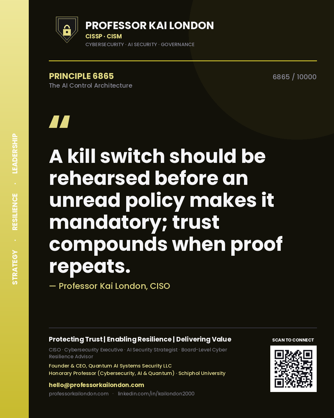 Quote card by Professor Kai London reading 'A kill switch should be rehearsed before an unread policy makes it mandatory; trust compounds when proof repeats.'. From the book The AI Control Architecture.
