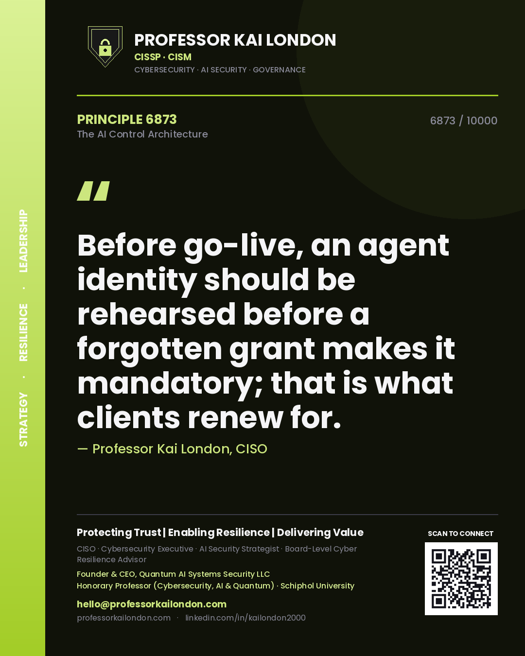 Professor Kai London principle 6873: Before go-live, an agent identity should be rehearsed before a forgotten grant makes it mandatory; that is what clients renew for.
