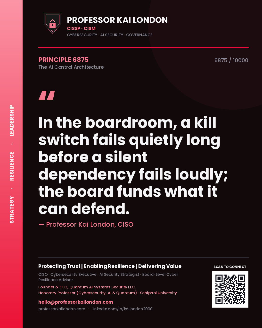 Professor Kai London principle 6875: In the boardroom, a kill switch fails quietly long before a silent dependency fails loudly; the board funds what it can defend.