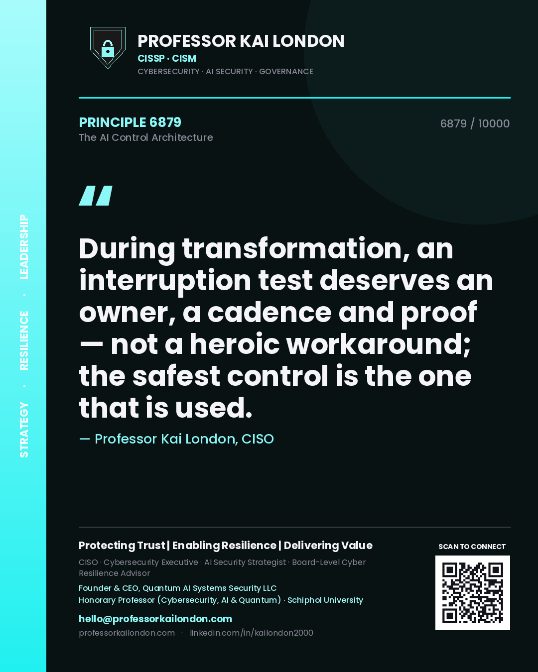 Quote card by Professor Kai London reading 'During transformation, an interruption test deserves an owner, a cadence and proof — not a heroic workaround; the safest control is the one that is used.'. From the book The AI Control Architecture.