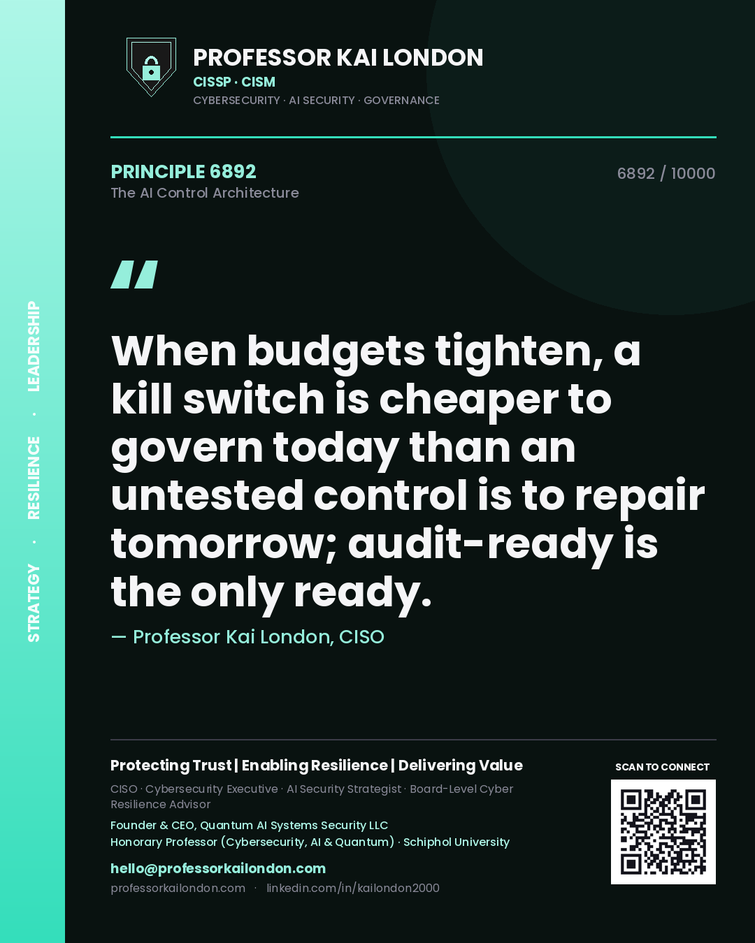 Quote card by Professor Kai London reading 'When budgets tighten, a kill switch is cheaper to govern today than an untested control is to repair tomorrow; audit-ready is the only ready.'. From the book The AI Control Architecture.