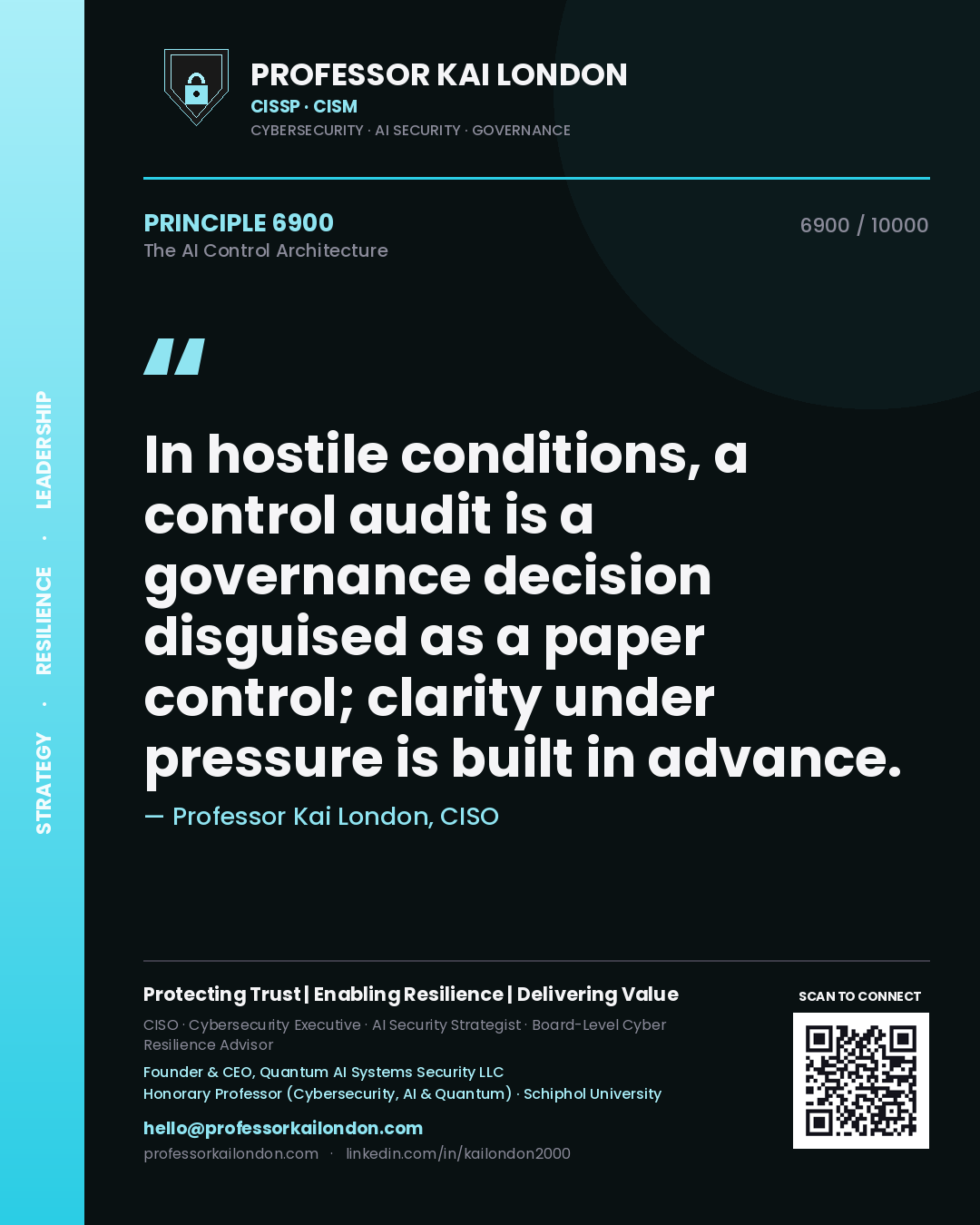 Quote card by Professor Kai London reading 'In hostile conditions, a control audit is a governance decision disguised as a paper control; clarity under pressure is built in advance.'. From the book The AI Control Architecture.