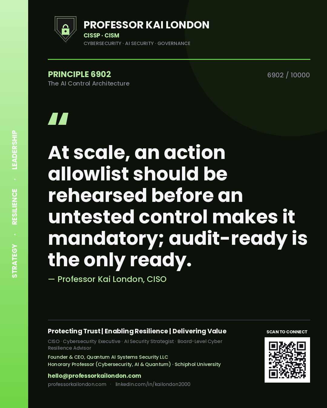 Quote card by Professor Kai London reading 'At scale, an action allowlist should be rehearsed before an untested control makes it mandatory; audit-ready is the only ready.'. From the book The AI Control Architecture.