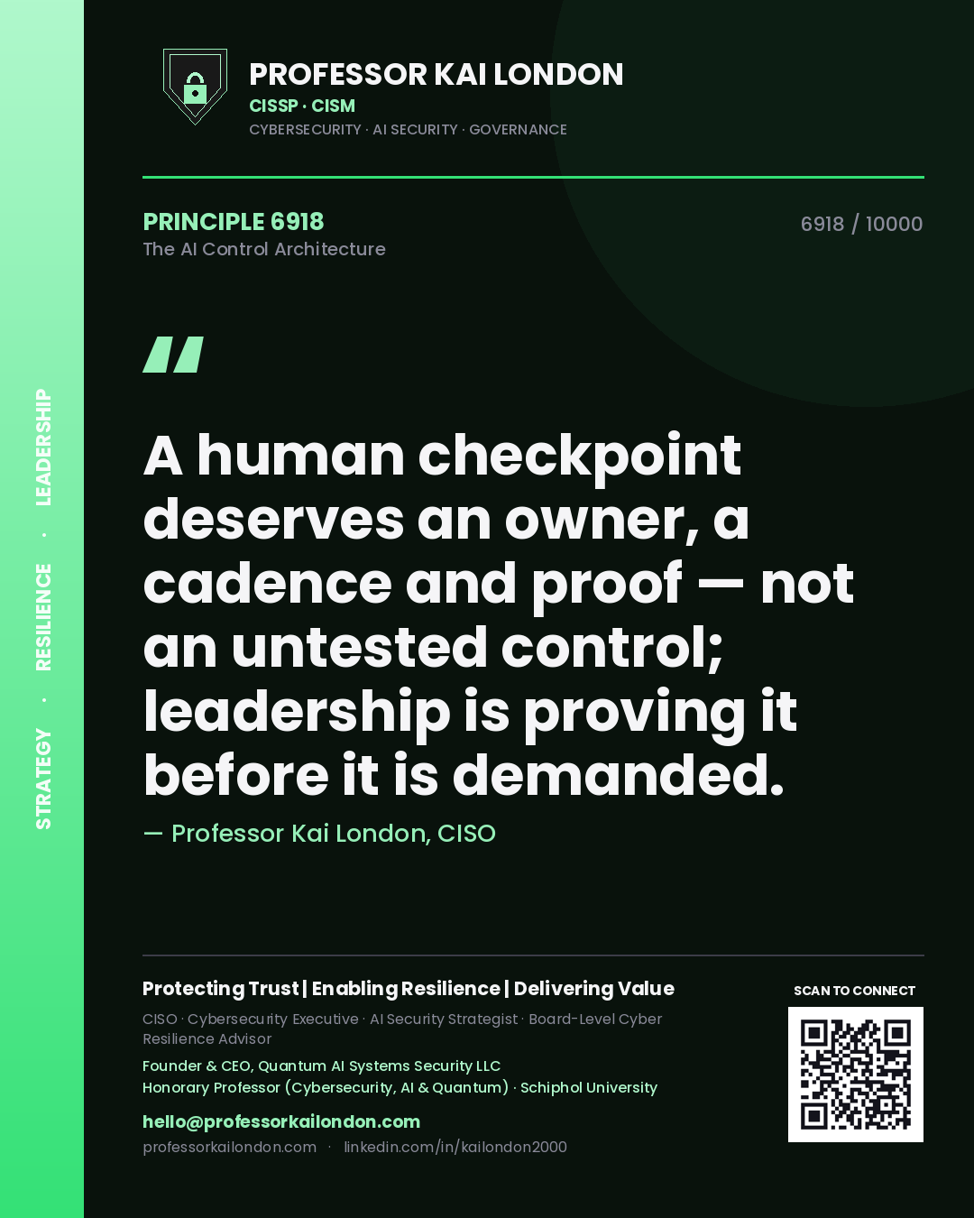Professor Kai London principle 6918: A human checkpoint deserves an owner, a cadence and proof — not an untested control; leadership is proving it before it is demanded.