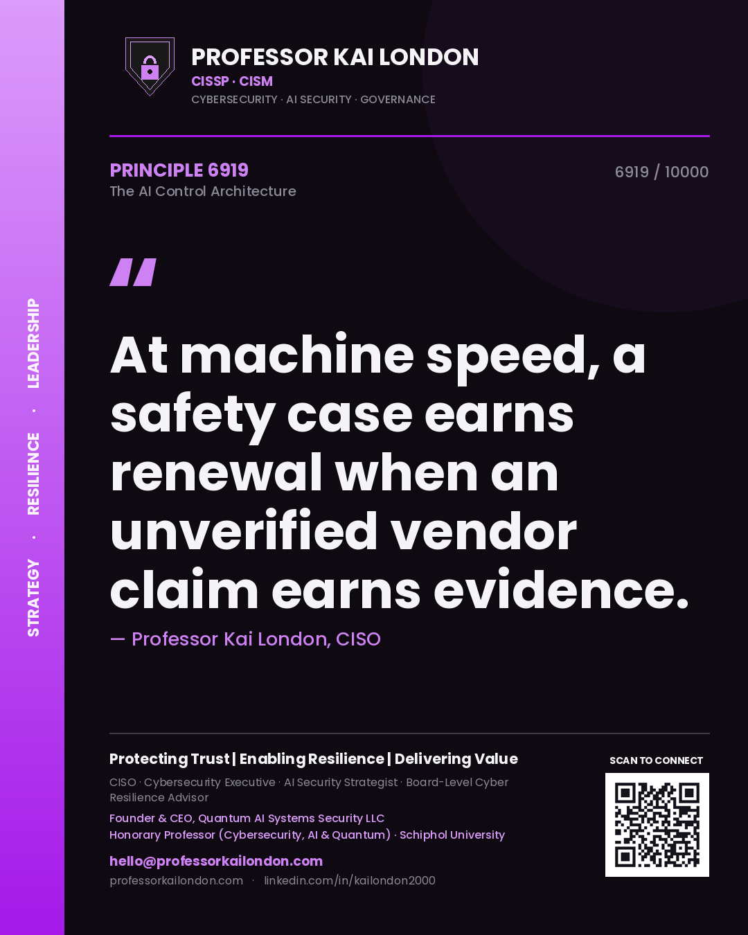 Quote card by Professor Kai London reading 'At machine speed, a safety case earns renewal when an unverified vendor claim earns evidence.'. From the book The AI Control Architecture.
