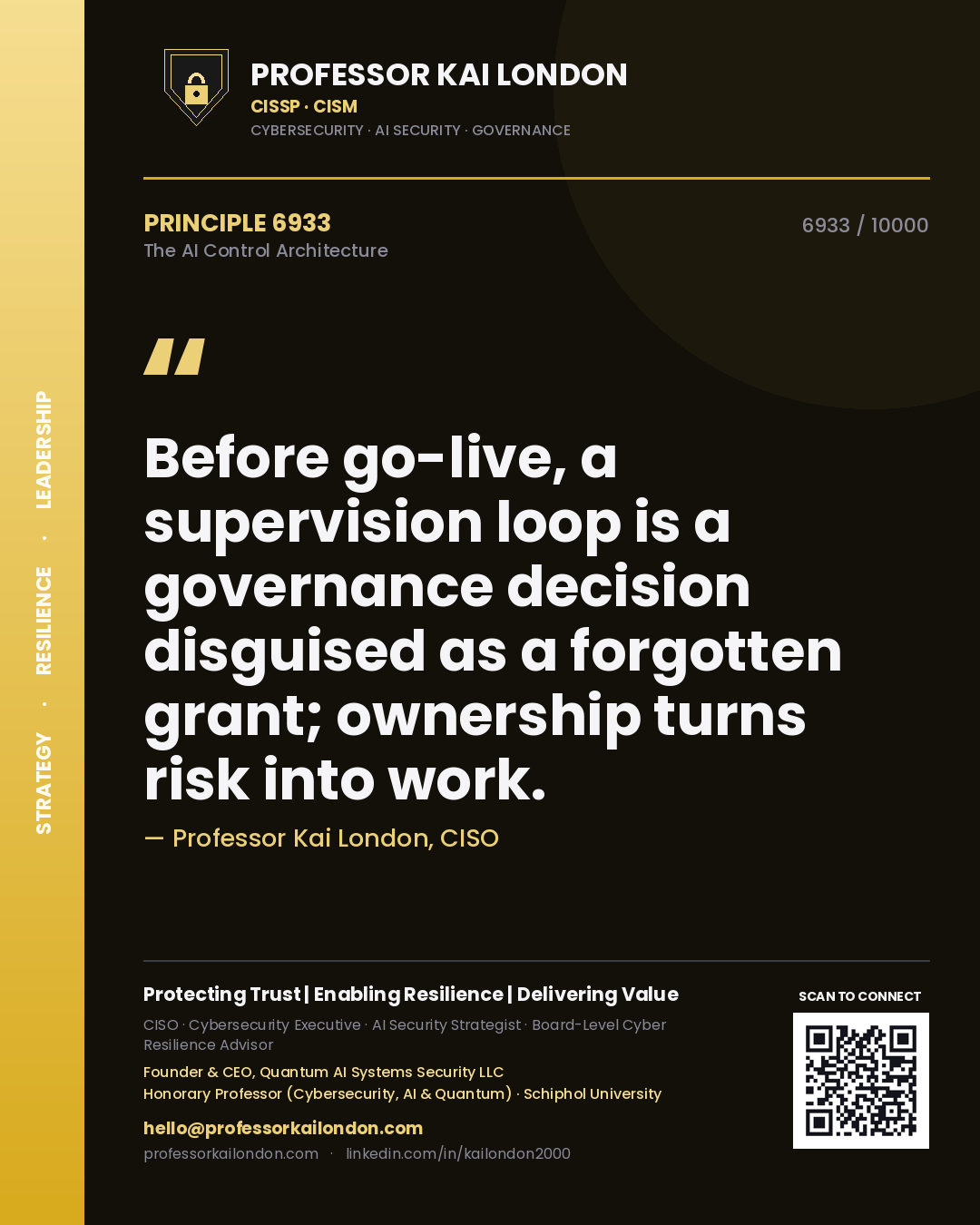Quote card by Professor Kai London reading 'Before go-live, a supervision loop is a governance decision disguised as a forgotten grant; ownership turns risk into work.'. From the book The AI Control Architecture.