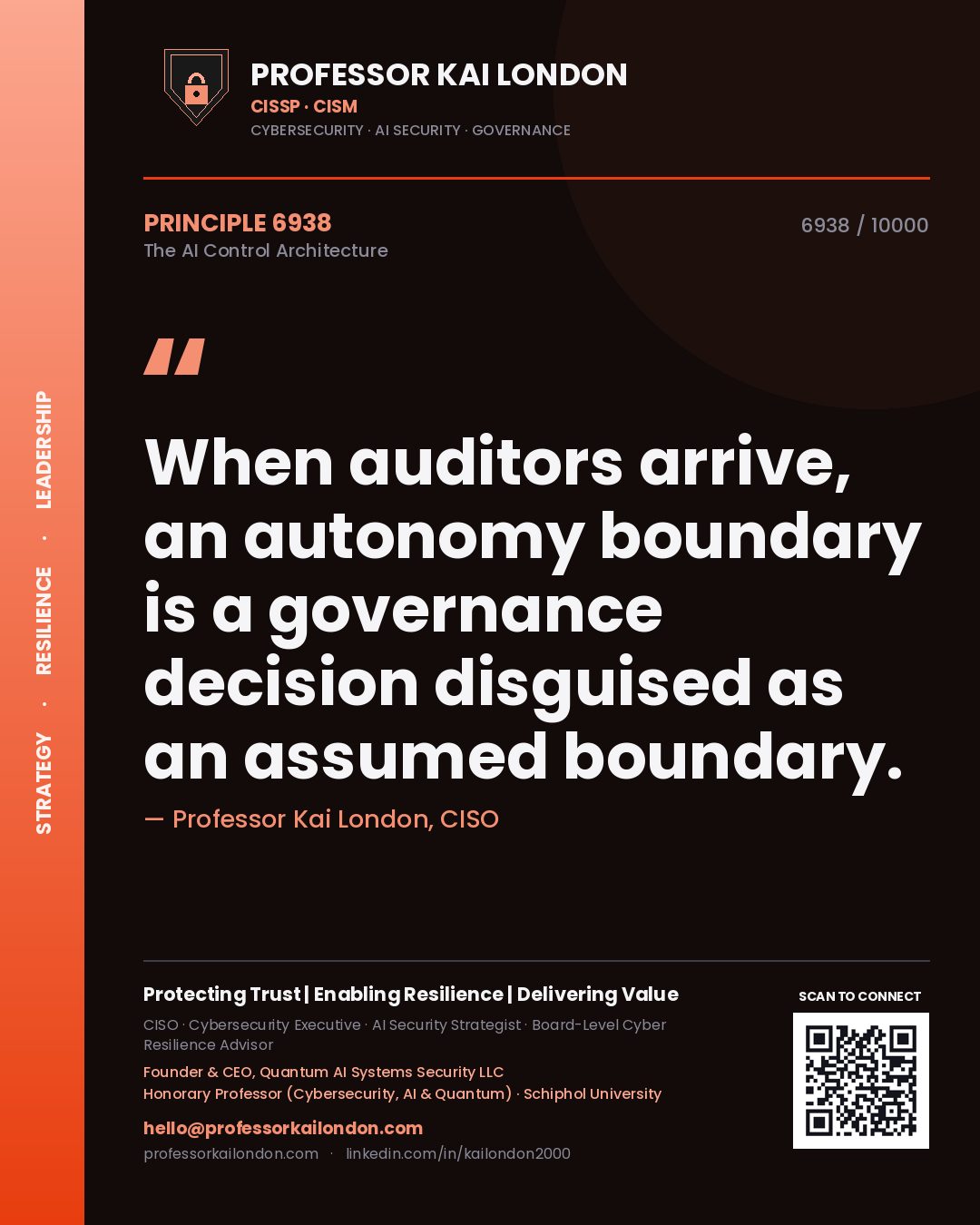 Quote card by Professor Kai London reading 'When auditors arrive, an autonomy boundary is a governance decision disguised as an assumed boundary.'. From the book The AI Control Architecture.