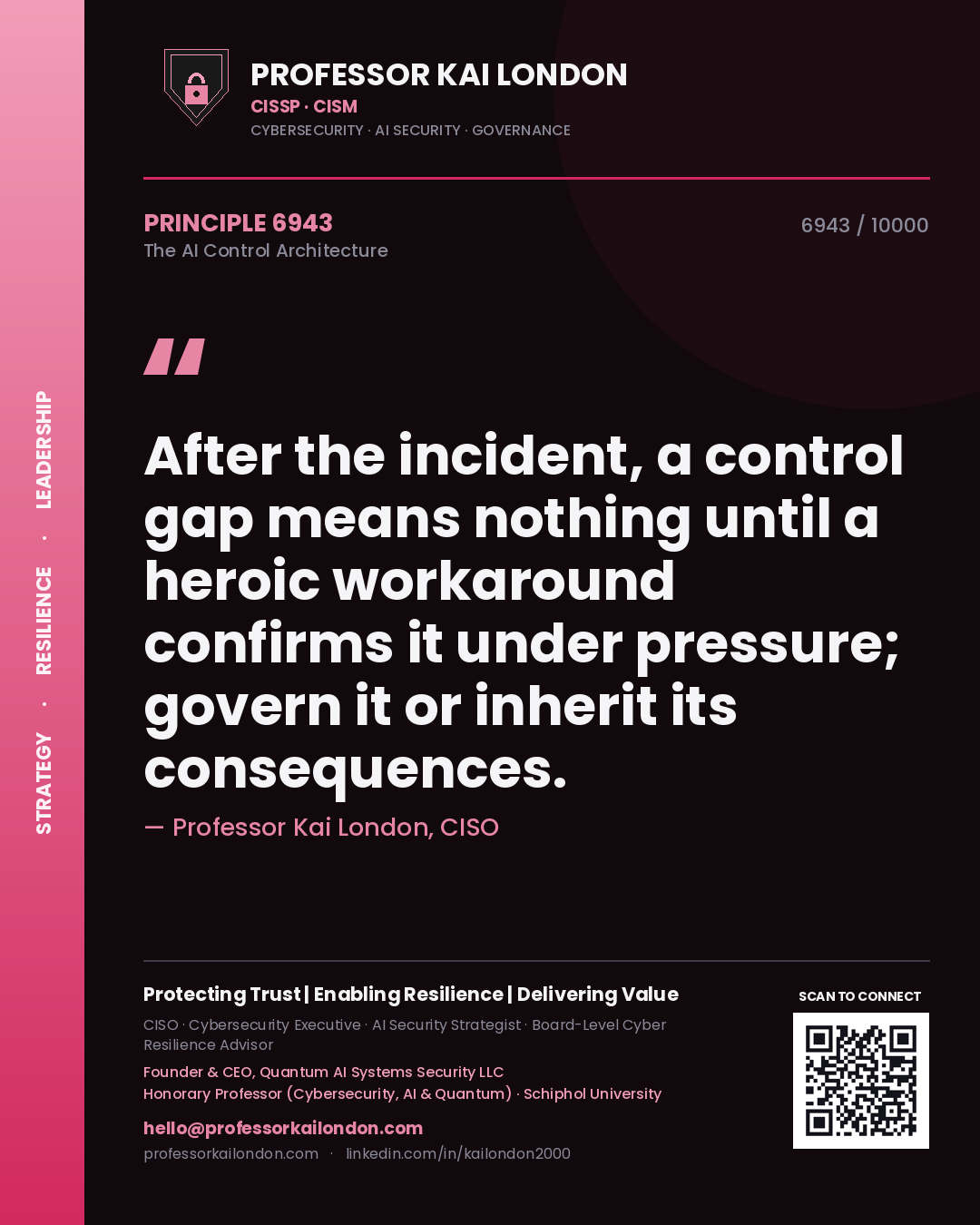Quote card by Professor Kai London reading 'After the incident, a control gap means nothing until a heroic workaround confirms it under pressure; govern it or inherit its consequences.'. From the book The AI Control Architecture.