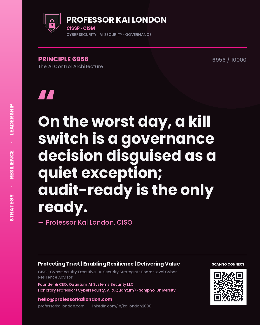 Quote card by Professor Kai London reading 'On the worst day, a kill switch is a governance decision disguised as a quiet exception; audit-ready is the only ready.'. From the book The AI Control Architecture.