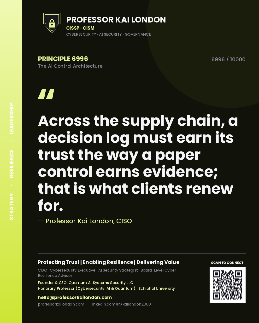 Professor Kai London principle 6996: Across the supply chain, a decision log must earn its trust the way a paper control earns evidence; that is what clients renew for.