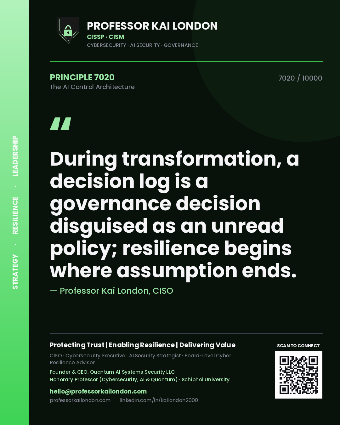 Quote card by Professor Kai London reading 'During transformation, a decision log is a governance decision disguised as an unread policy; resilience begins where assumption ends.'. From the book The AI Control Architecture.
