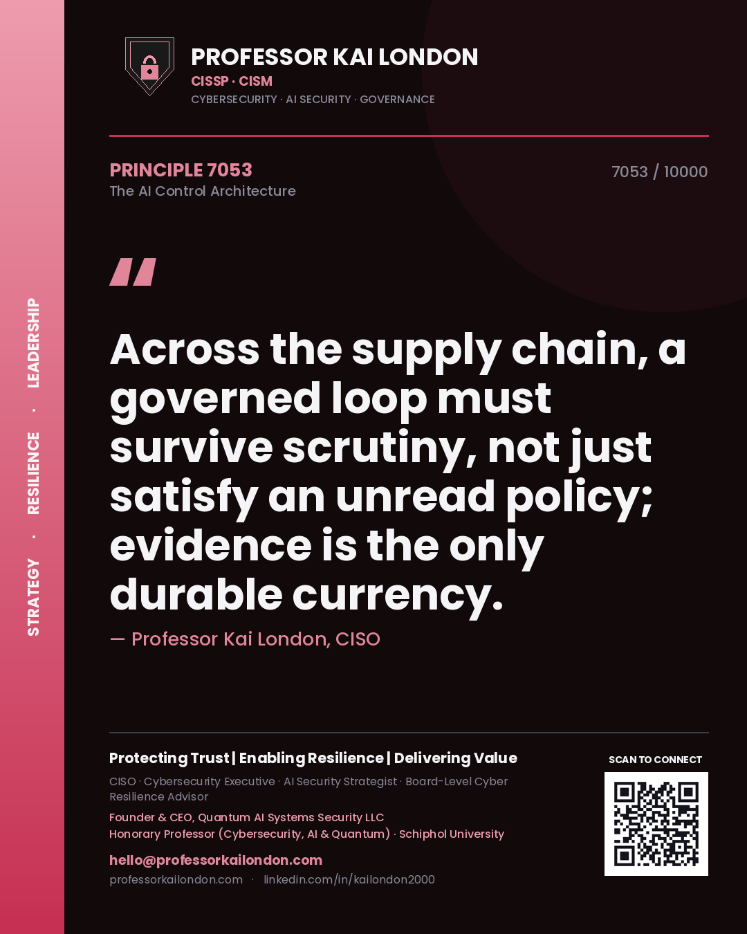Quote card by Professor Kai London reading 'Across the supply chain, a governed loop must survive scrutiny, not just satisfy an unread policy; evidence is the only durable currency.'. From the book The AI Control Architecture.