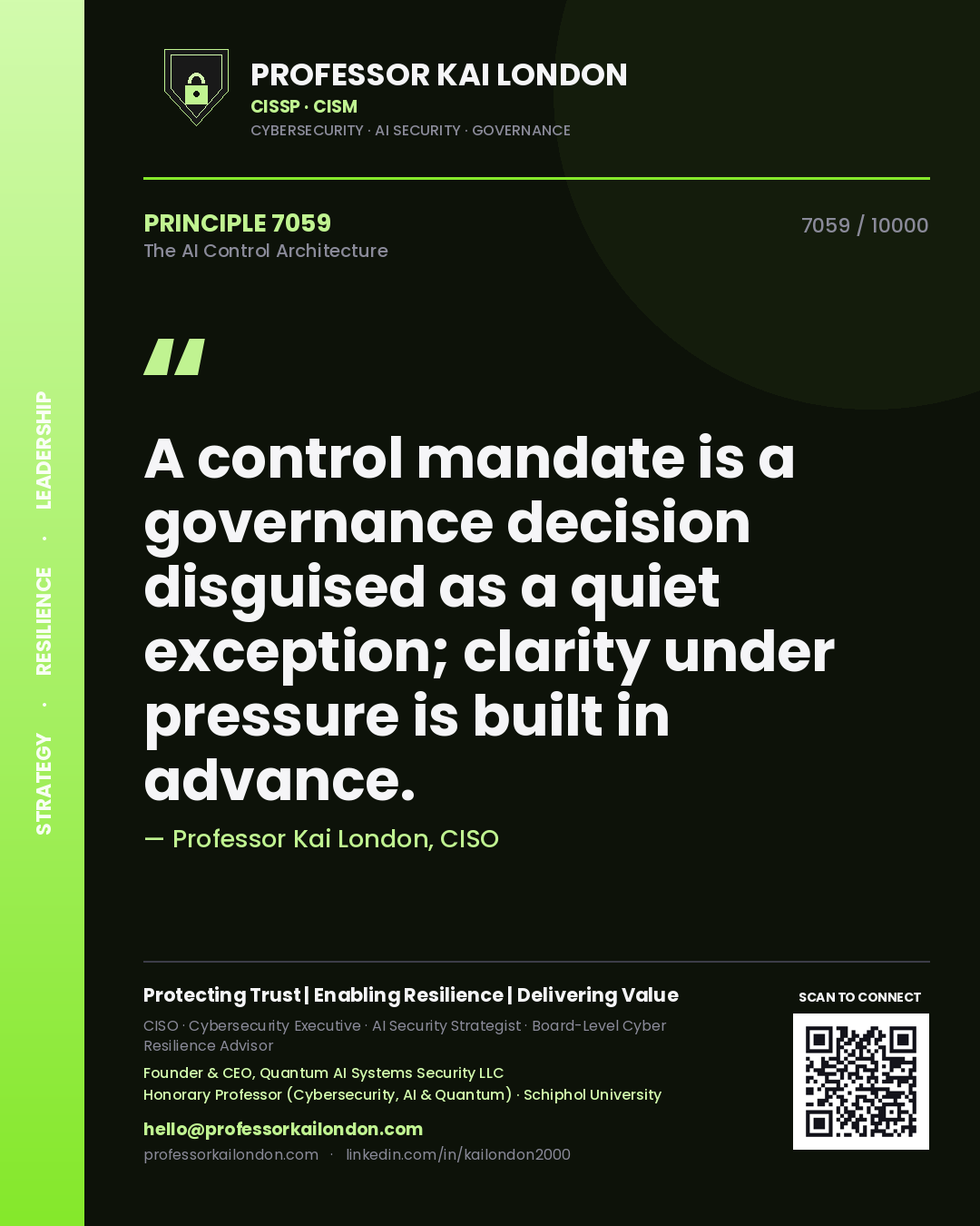Quote card by Professor Kai London reading 'A control mandate is a governance decision disguised as a quiet exception; clarity under pressure is built in advance.'. From the book The AI Control Architecture.