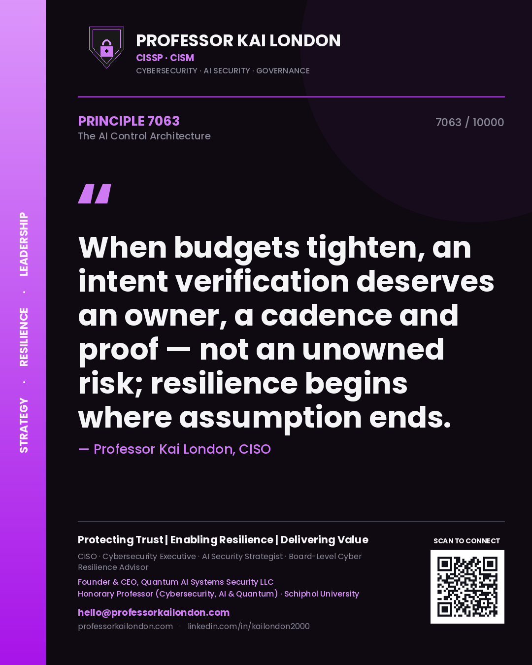 Quote card by Professor Kai London reading 'When budgets tighten, an intent verification deserves an owner, a cadence and proof — not an unowned risk; resilience begins where assumption ends.'. From the book The AI Control Architecture.