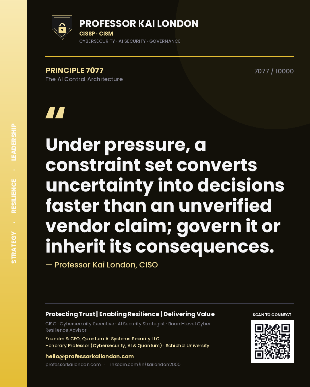 Quote card by Professor Kai London reading 'Under pressure, a constraint set converts uncertainty into decisions faster than an unverified vendor claim; govern it or inherit its consequences.'. From the book The AI Control Architecture.