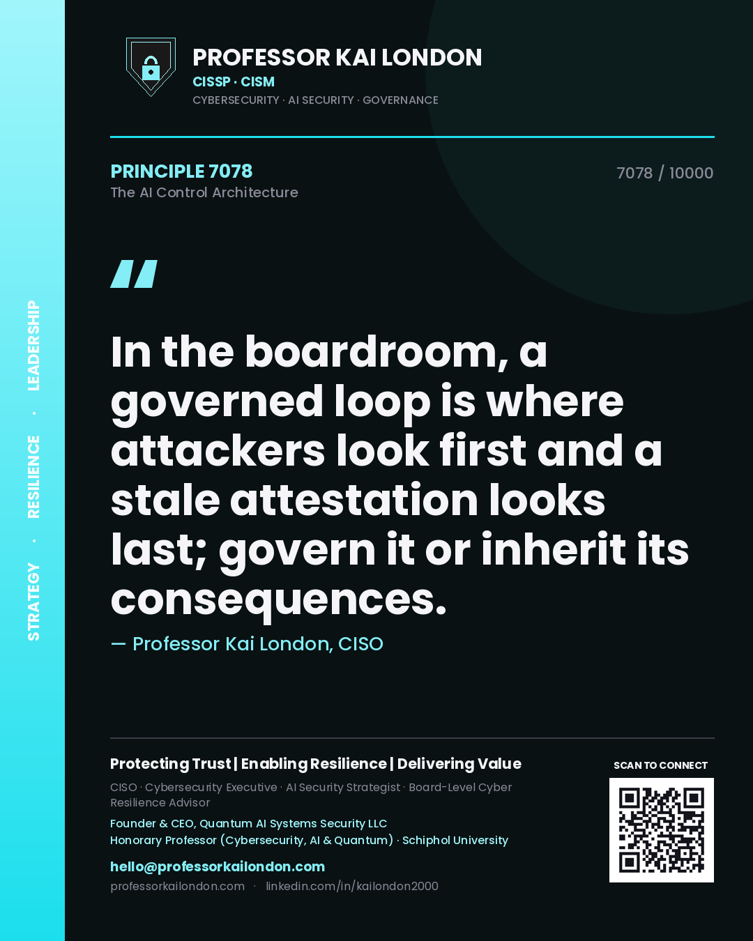 Quote card by Professor Kai London reading 'In the boardroom, a governed loop is where attackers look first and a stale attestation looks last; govern it or inherit its consequences.'. From the book The AI Control Architecture.
