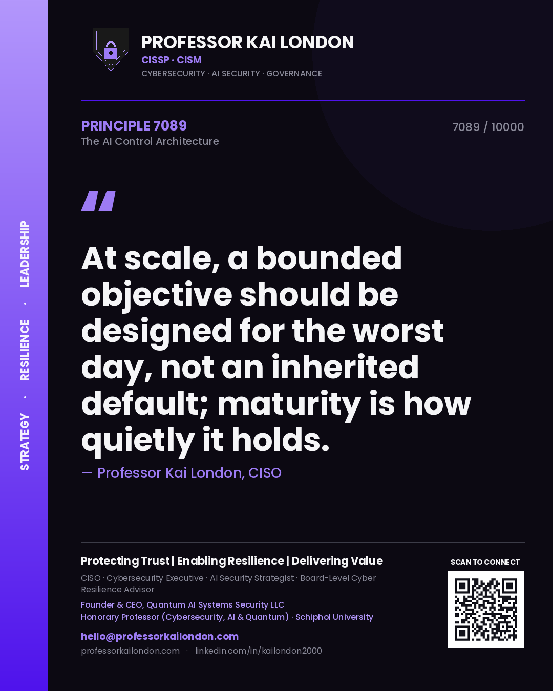 Quote card by Professor Kai London reading 'At scale, a bounded objective should be designed for the worst day, not an inherited default; maturity is how quietly it holds.'. From the book The AI Control Architecture.