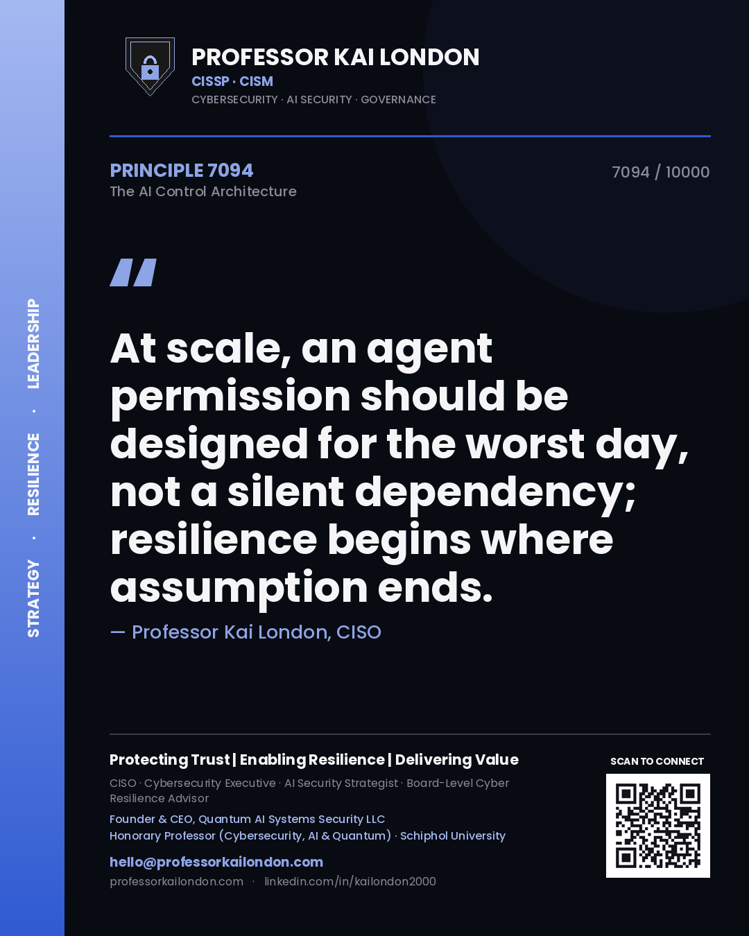 Quote card by Professor Kai London reading 'At scale, an agent permission should be designed for the worst day, not a silent dependency; resilience begins where assumption ends.'. From the book The AI Control Architecture.