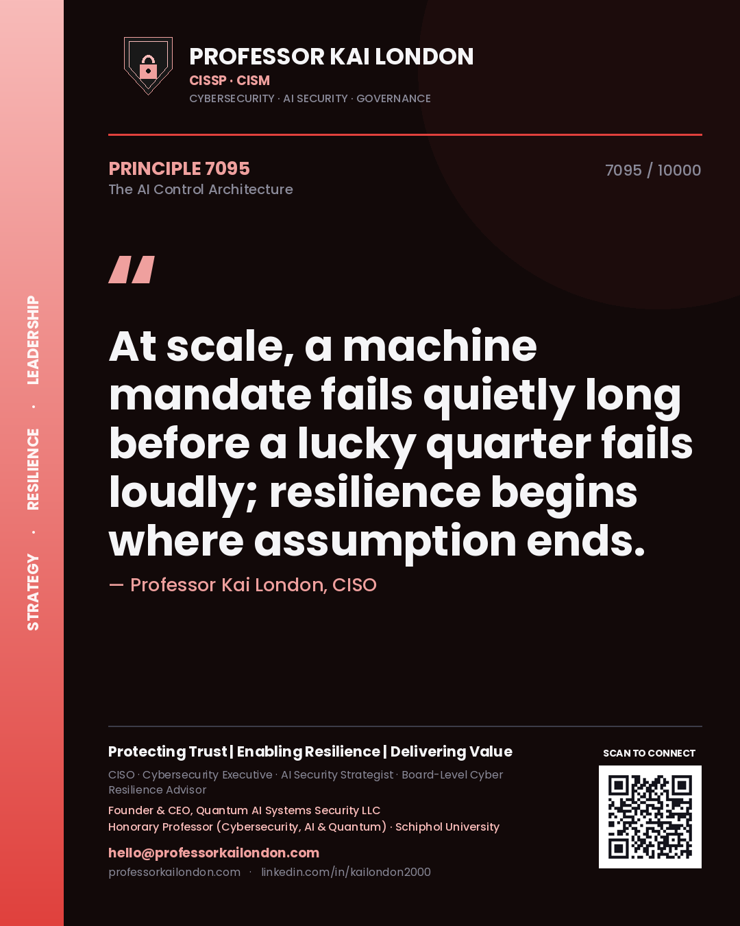 Quote card by Professor Kai London reading 'At scale, a machine mandate fails quietly long before a lucky quarter fails loudly; resilience begins where assumption ends.'. From the book The AI Control Architecture.