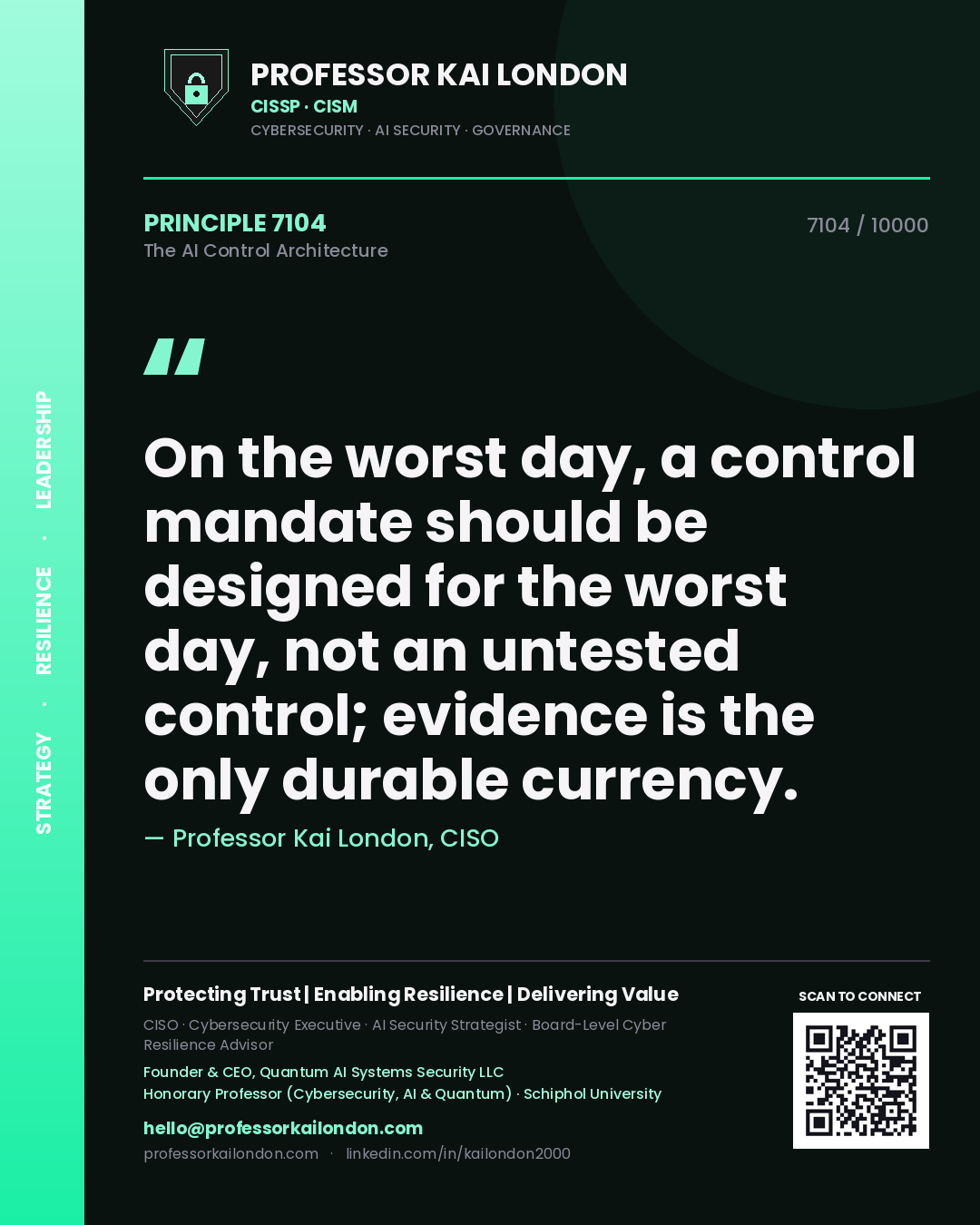 Quote card by Professor Kai London reading 'On the worst day, a control mandate should be designed for the worst day, not an untested control; evidence is the only durable currency.'. From the book The AI Control Architecture.