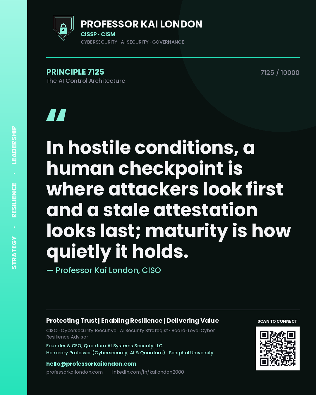 Professor Kai London principle 7125: In hostile conditions, a human checkpoint is where attackers look first and a stale attestation looks last; maturity is how quietly it holds.
