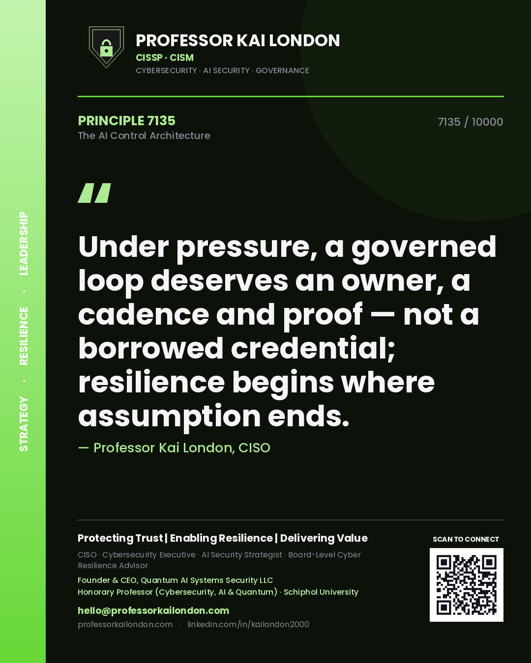 Quote card by Professor Kai London reading 'Under pressure, a governed loop deserves an owner, a cadence and proof — not a borrowed credential; resilience begins where assumption ends.'. From the book The AI Control Architecture.