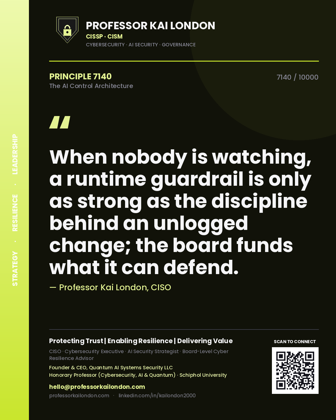 Quote card by Professor Kai London reading 'When nobody is watching, a runtime guardrail is only as strong as the discipline behind an unlogged change; the board funds what it can defend.'. From the book The AI Control Architecture.