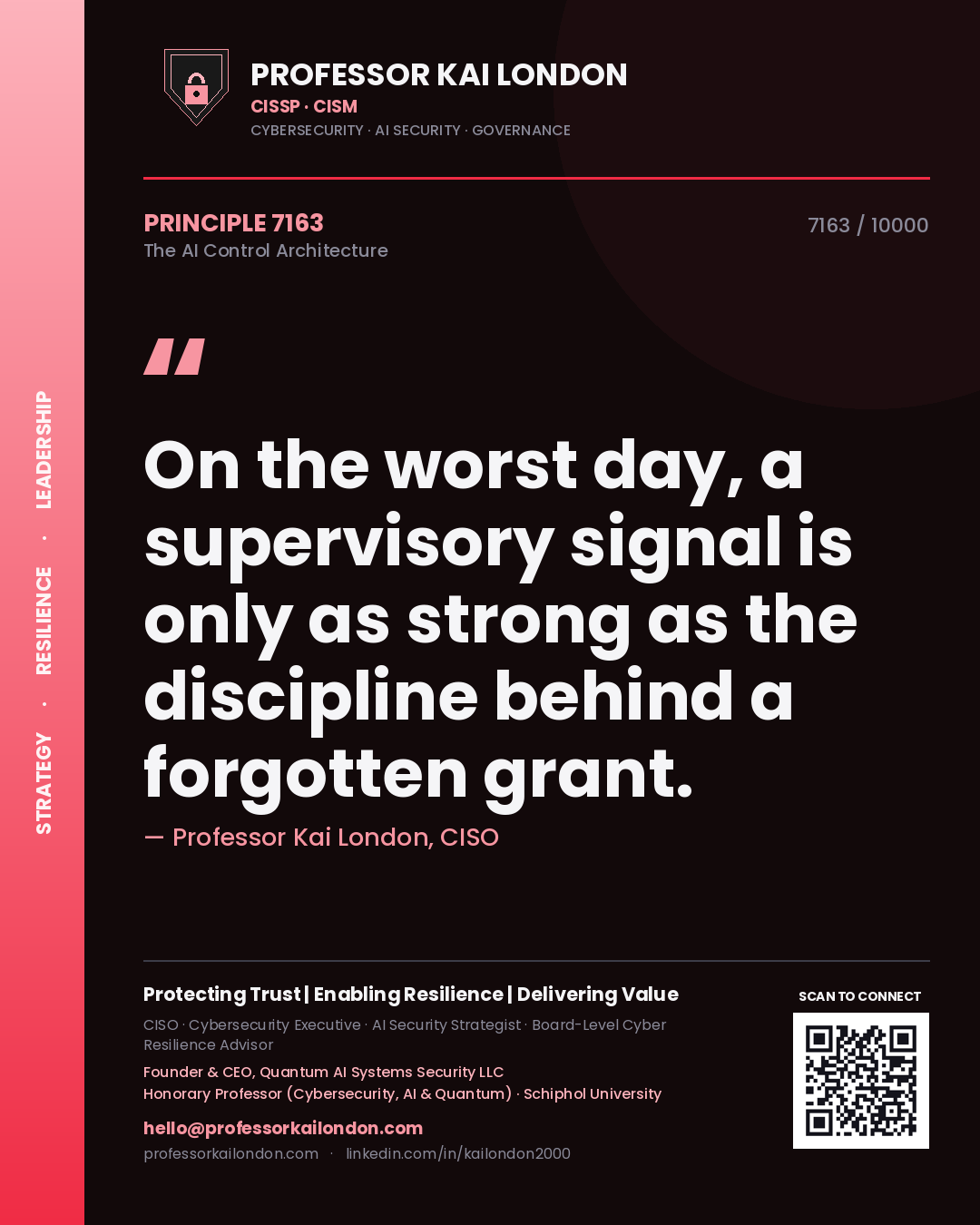 Quote card by Professor Kai London reading 'On the worst day, a supervisory signal is only as strong as the discipline behind a forgotten grant.'. From the book The AI Control Architecture.