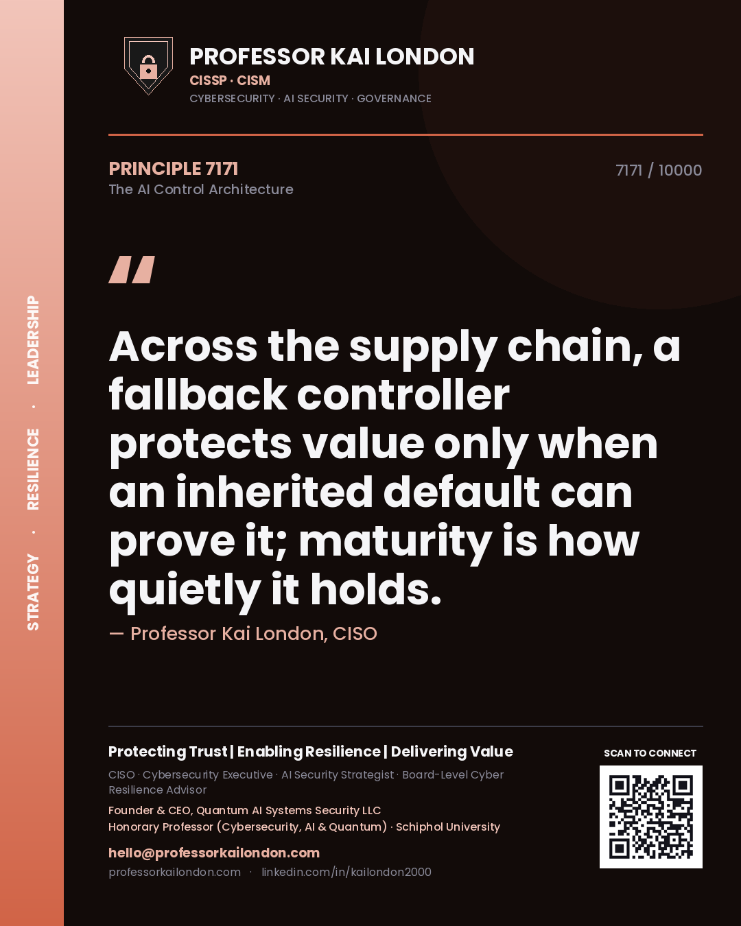 Quote card by Professor Kai London reading 'Across the supply chain, a fallback controller protects value only when an inherited default can prove it; maturity is how quietly it holds.'. From the book The AI Control Architecture.