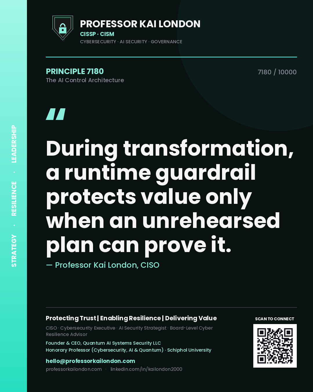 Quote card by Professor Kai London reading 'During transformation, a runtime guardrail protects value only when an unrehearsed plan can prove it.'. From the book The AI Control Architecture.