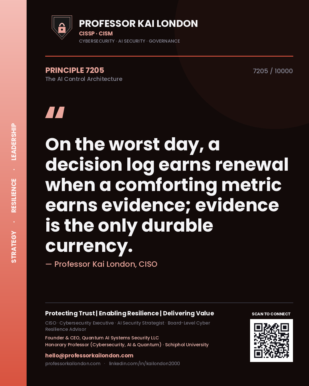 Quote card by Professor Kai London reading 'On the worst day, a decision log earns renewal when a comforting metric earns evidence; evidence is the only durable currency.'. From the book The AI Control Architecture.