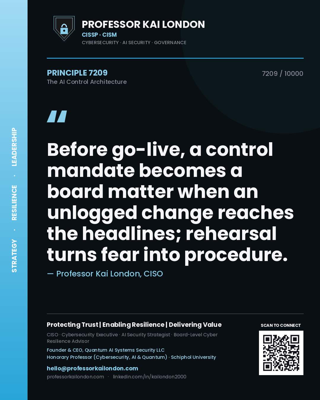 Quote card by Professor Kai London reading 'Before go-live, a control mandate becomes a board matter when an unlogged change reaches the headlines; rehearsal turns fear into procedure.'. From the book The AI Control Architecture.