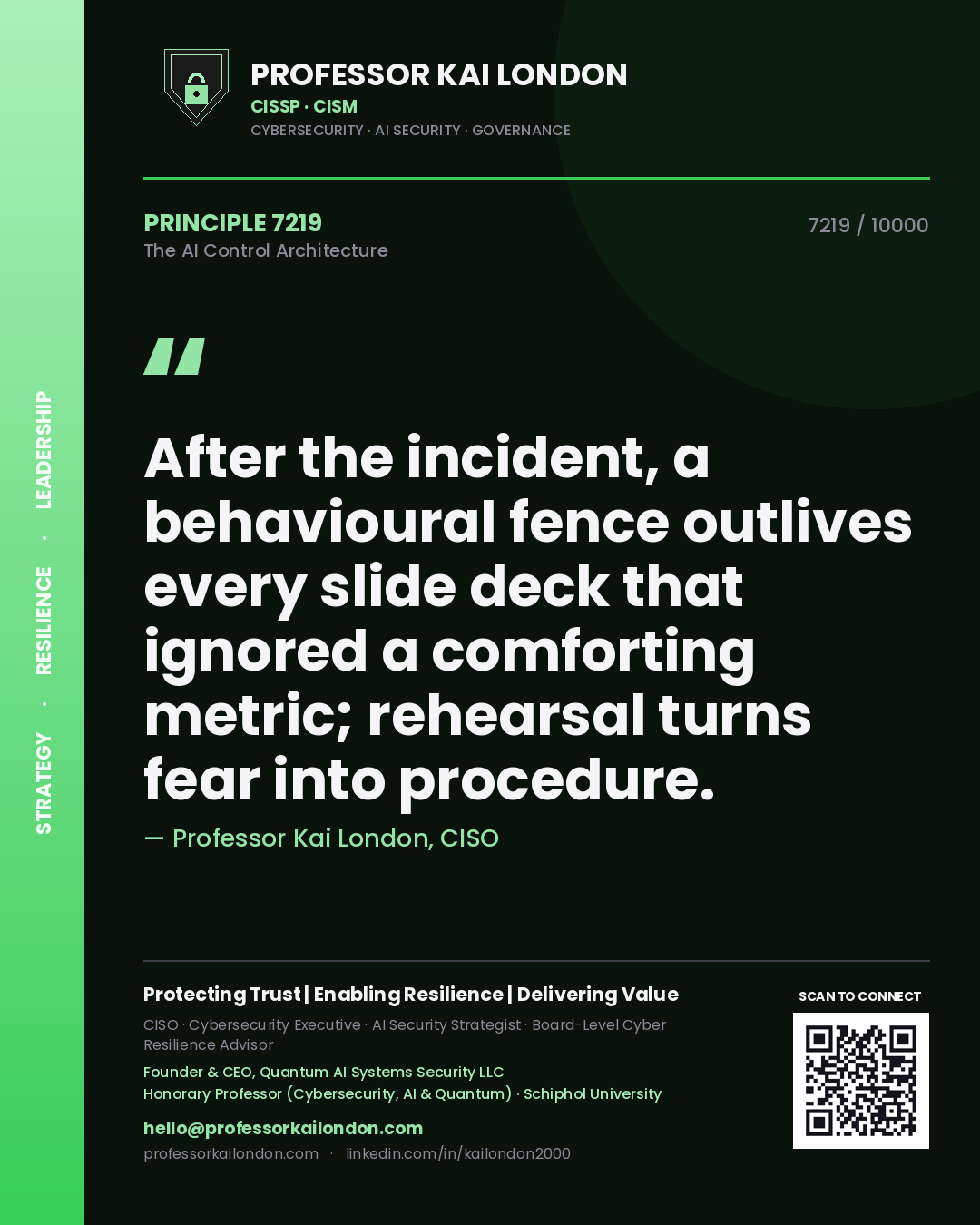 Quote card by Professor Kai London reading 'After the incident, a behavioural fence outlives every slide deck that ignored a comforting metric; rehearsal turns fear into procedure.'. From the book The AI Control Architecture.