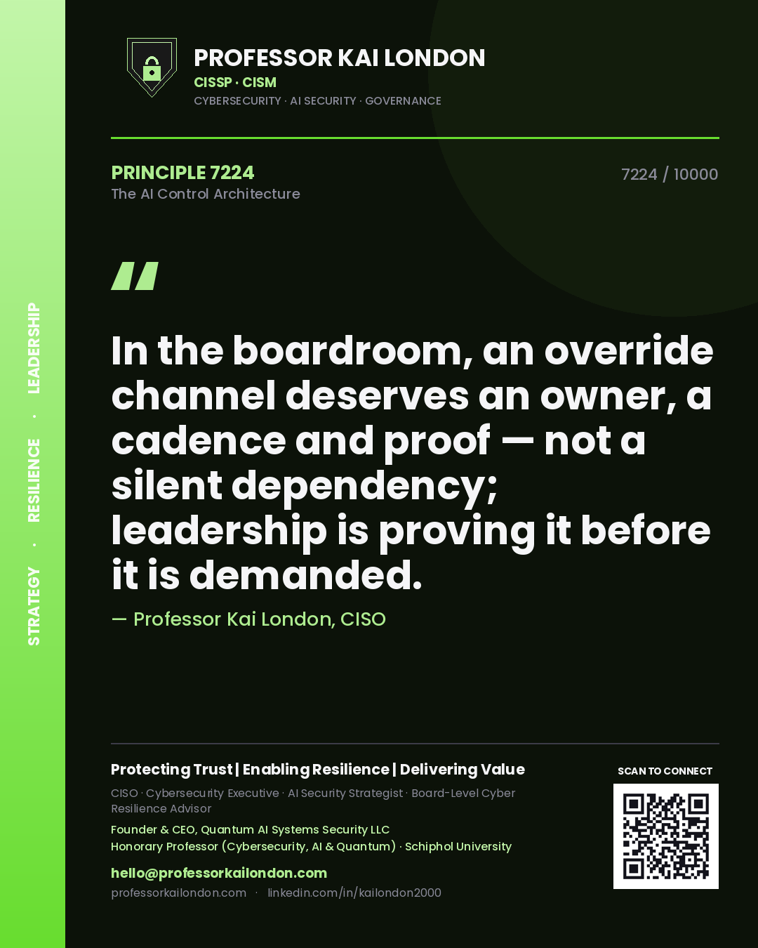 Quote card by Professor Kai London reading 'In the boardroom, an override channel deserves an owner, a cadence and proof — not a silent dependency; leadership is proving it before it is demanded.'. From the book The AI Control Architecture.