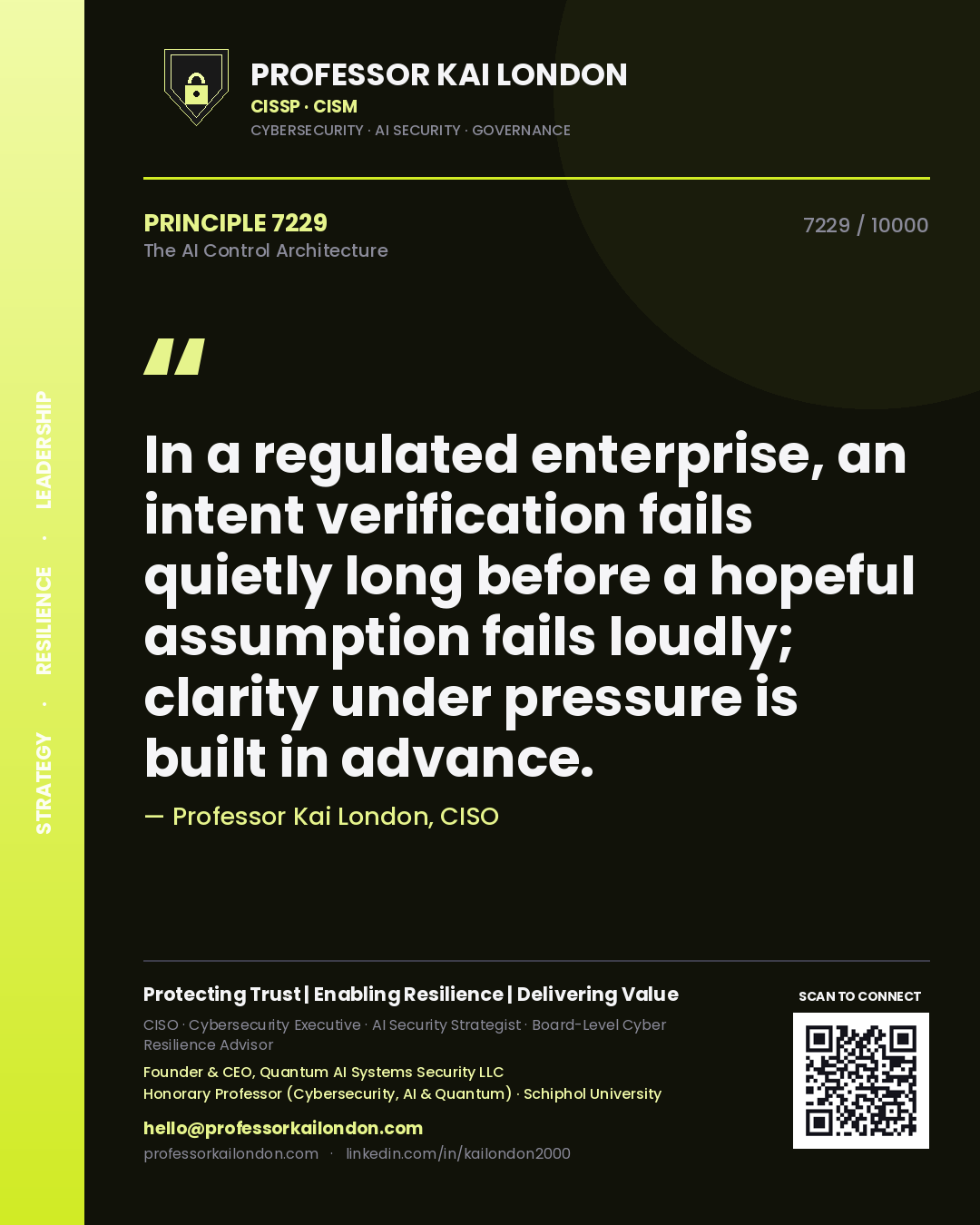 Quote card by Professor Kai London reading 'In a regulated enterprise, an intent verification fails quietly long before a hopeful assumption fails loudly; clarity under pressure is built in advance.'. From the book The AI Control Architecture.