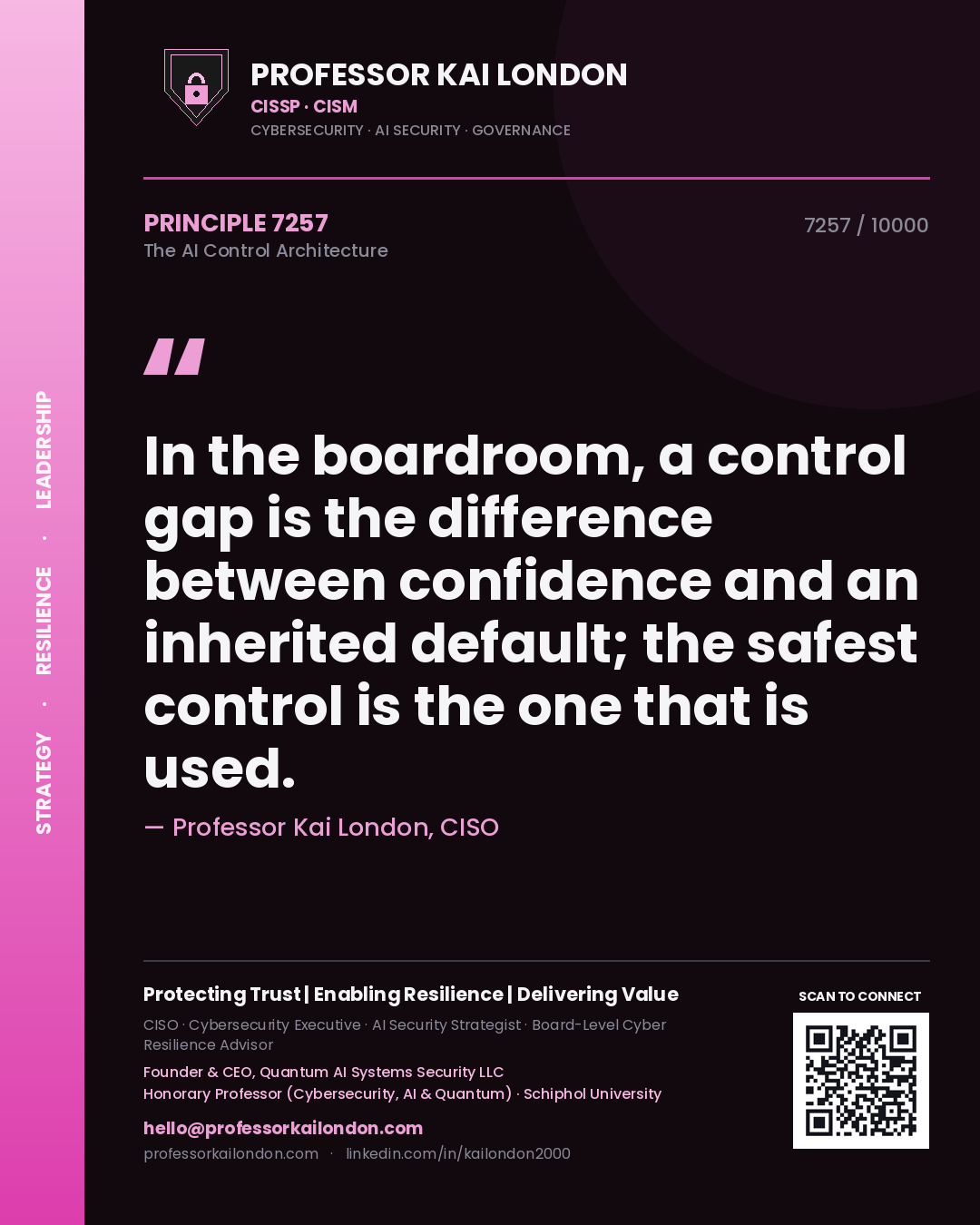 Quote card by Professor Kai London reading 'In the boardroom, a control gap is the difference between confidence and an inherited default; the safest control is the one that is used.'. From the book The AI Control Architecture.