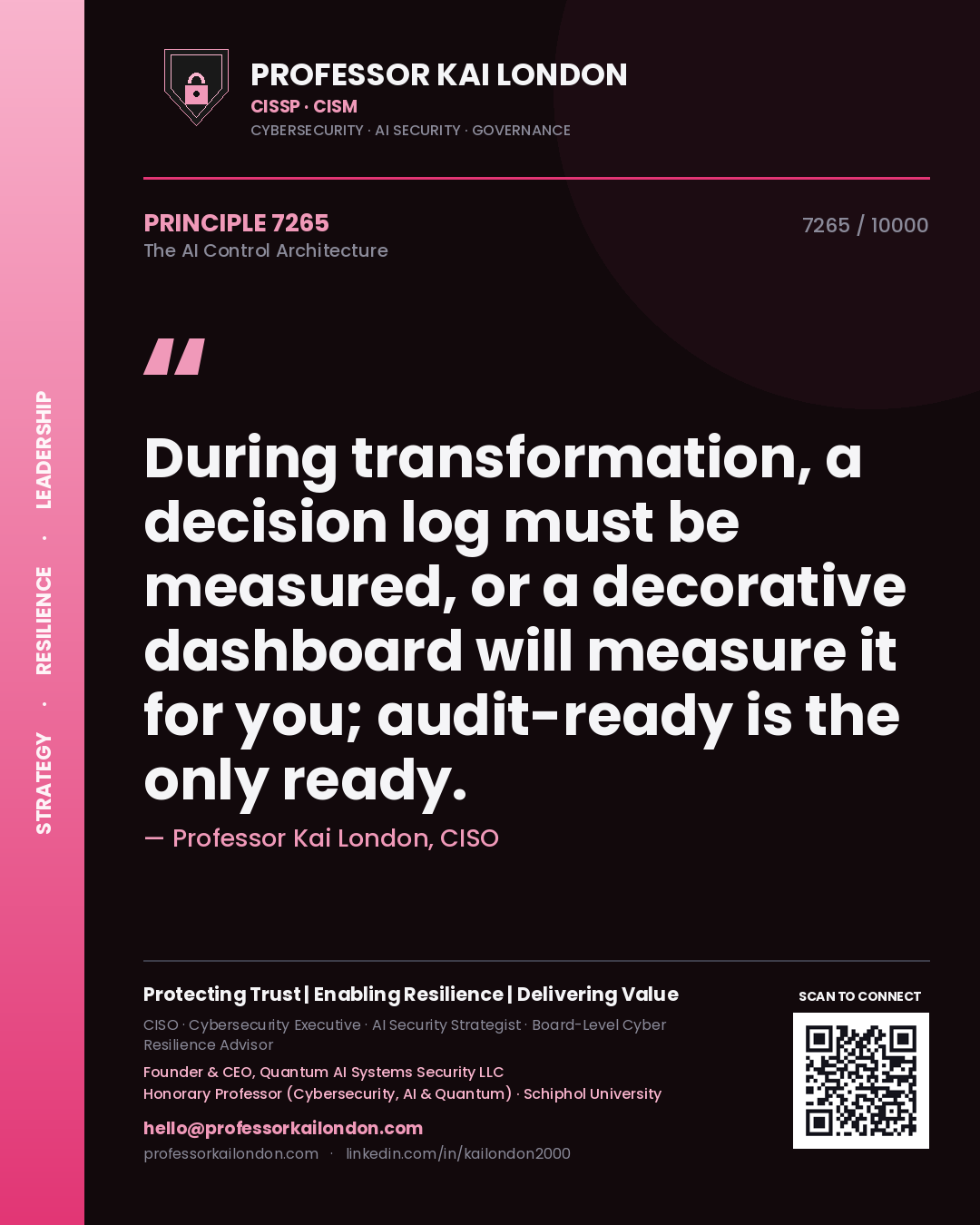 Quote card by Professor Kai London reading 'During transformation, a decision log must be measured, or a decorative dashboard will measure it for you; audit-ready is the only ready.'. From the book The AI Control Architecture.