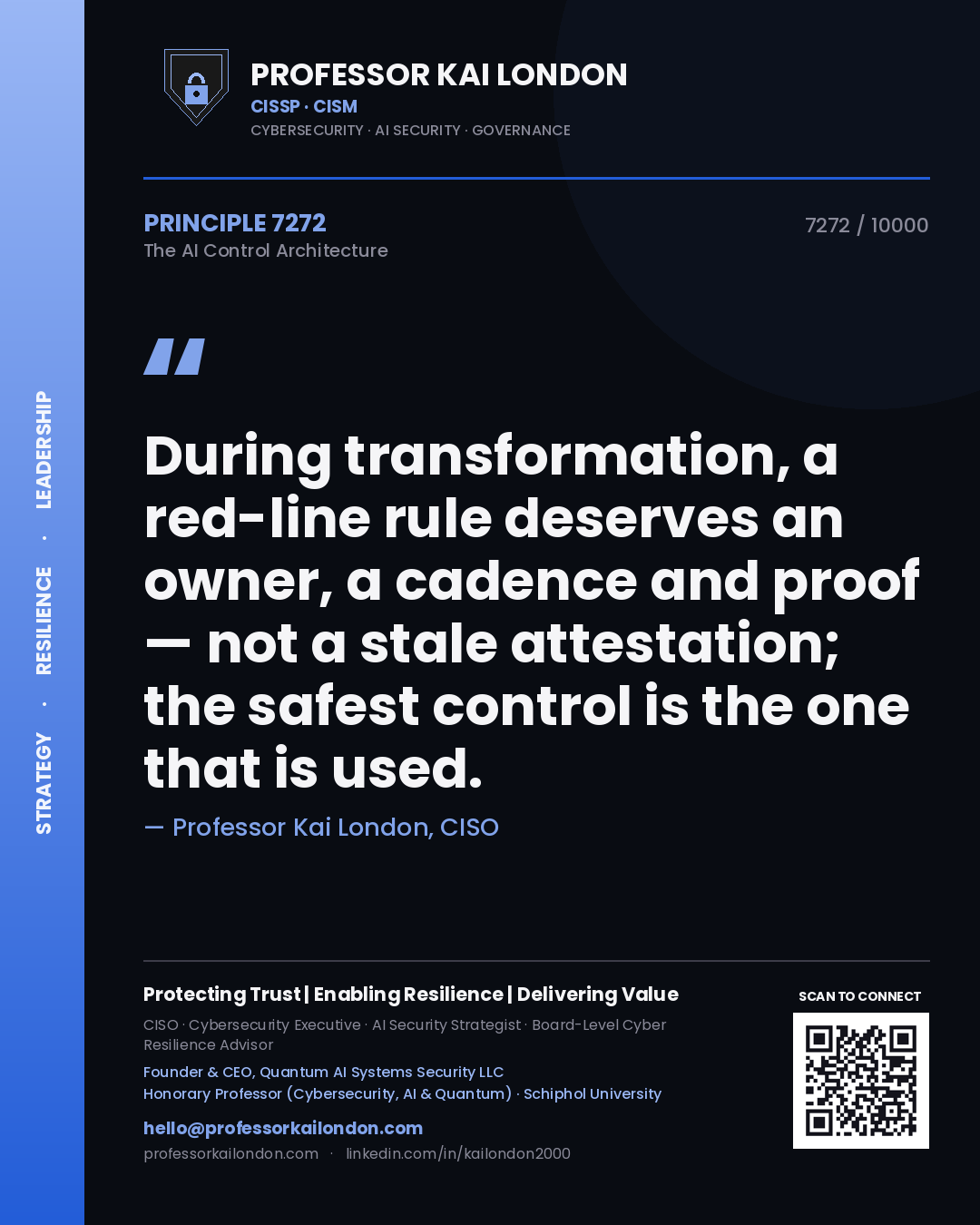 Quote card by Professor Kai London reading 'During transformation, a red-line rule deserves an owner, a cadence and proof — not a stale attestation; the safest control is the one that is used.'. From the book The AI Control Architecture.